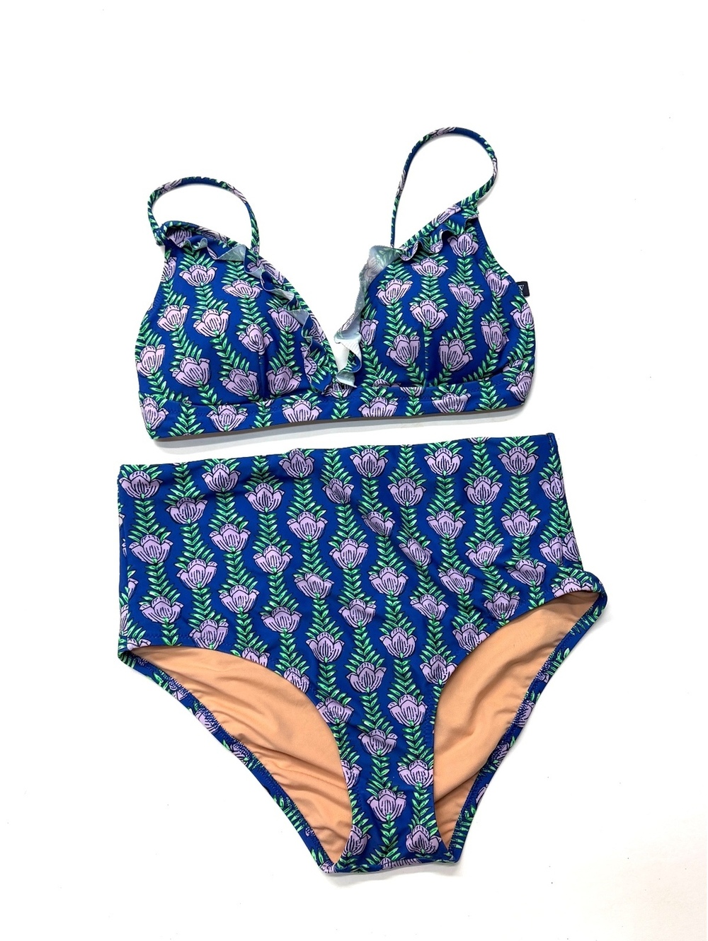 J.Crew Blue Block Print Floral Bikini Set High-Waisted Two-Piece Swimsuit Medium